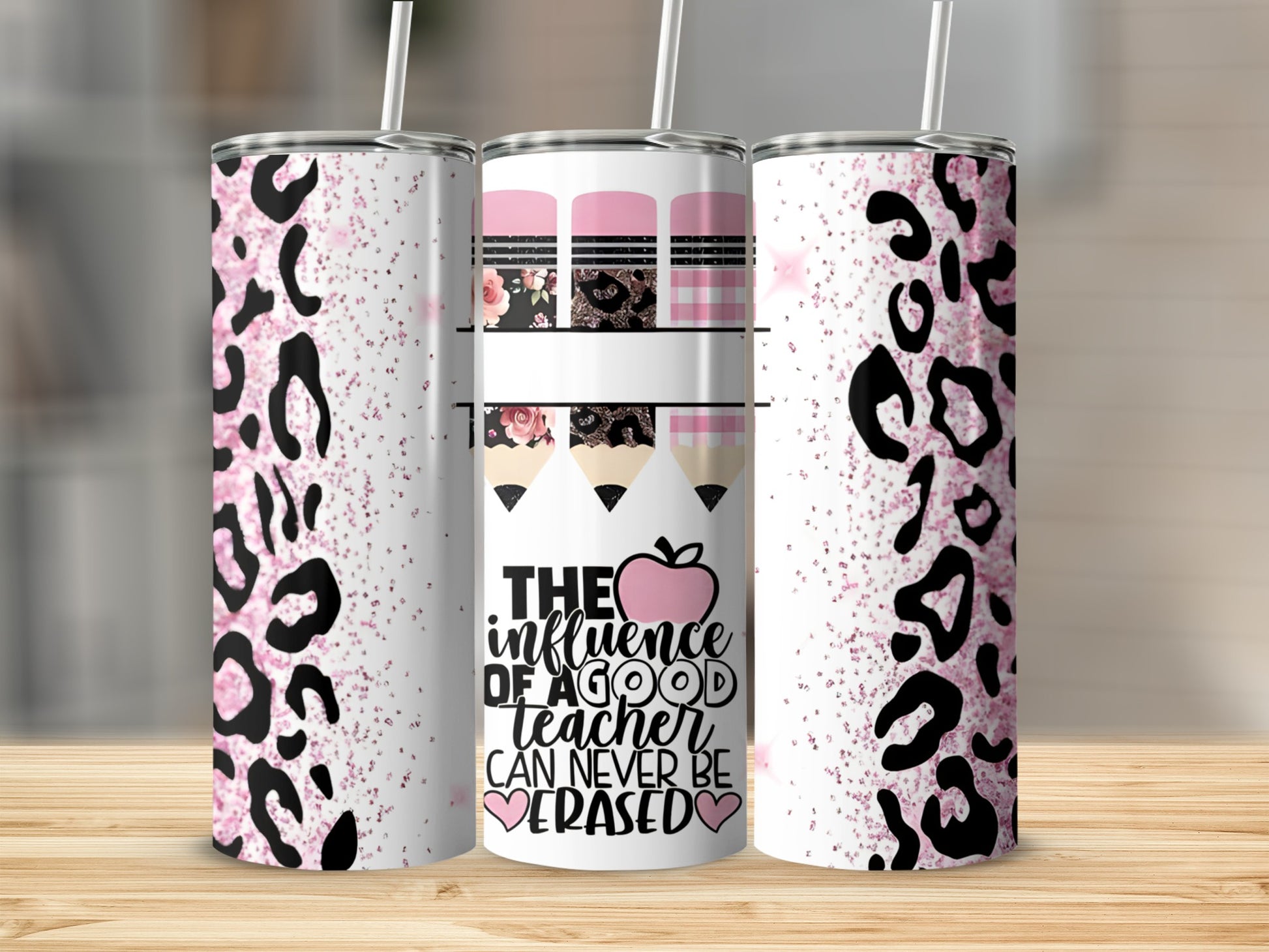 Teacher tumbler with leopard print and motivational quote.