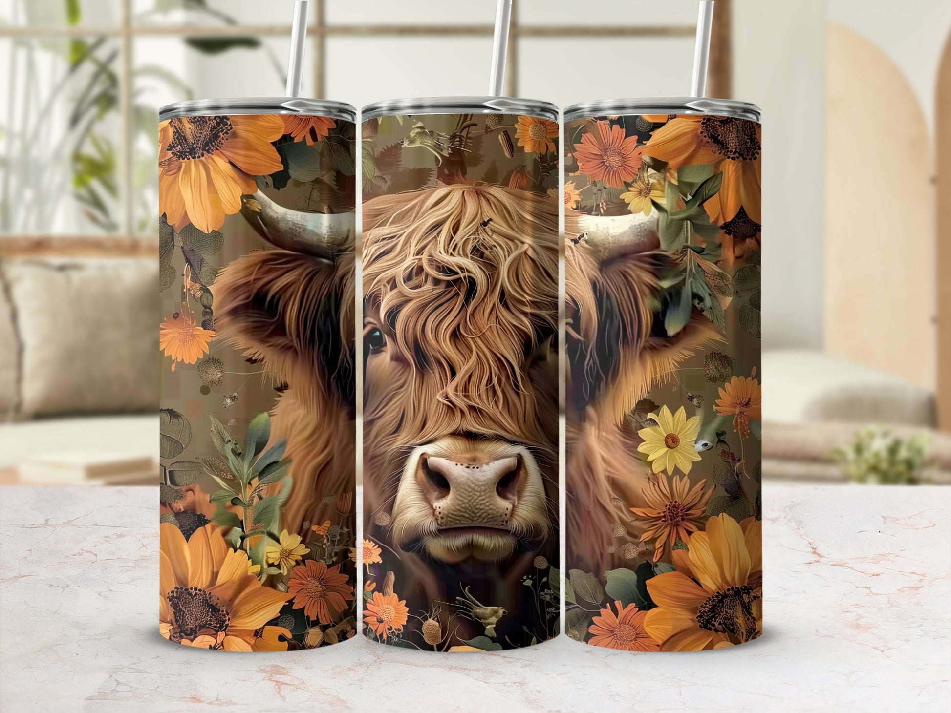 Highland cow surrounded by sunflowers and abstract floral elements.