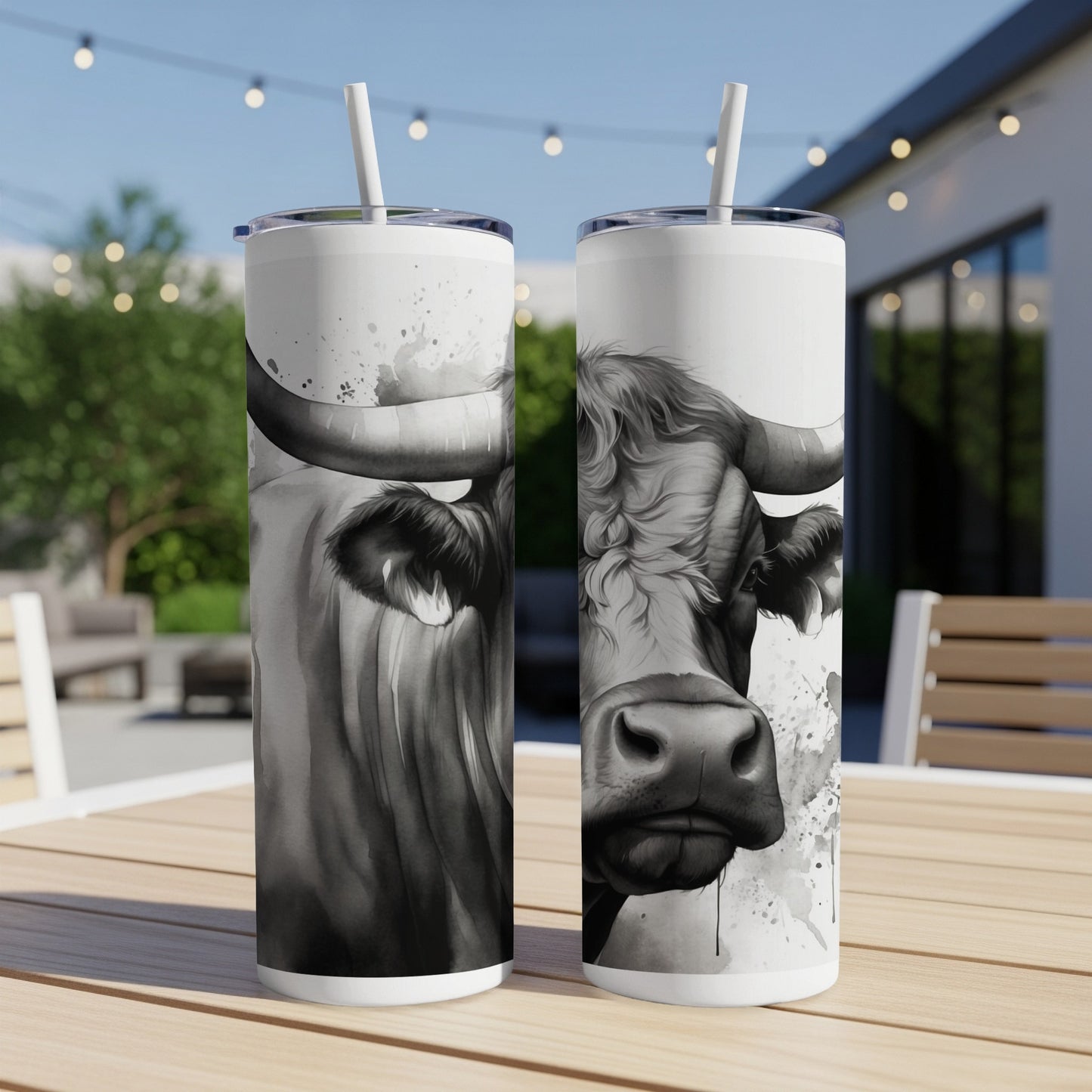 Black and white cow illustration on two tumblers on a table.