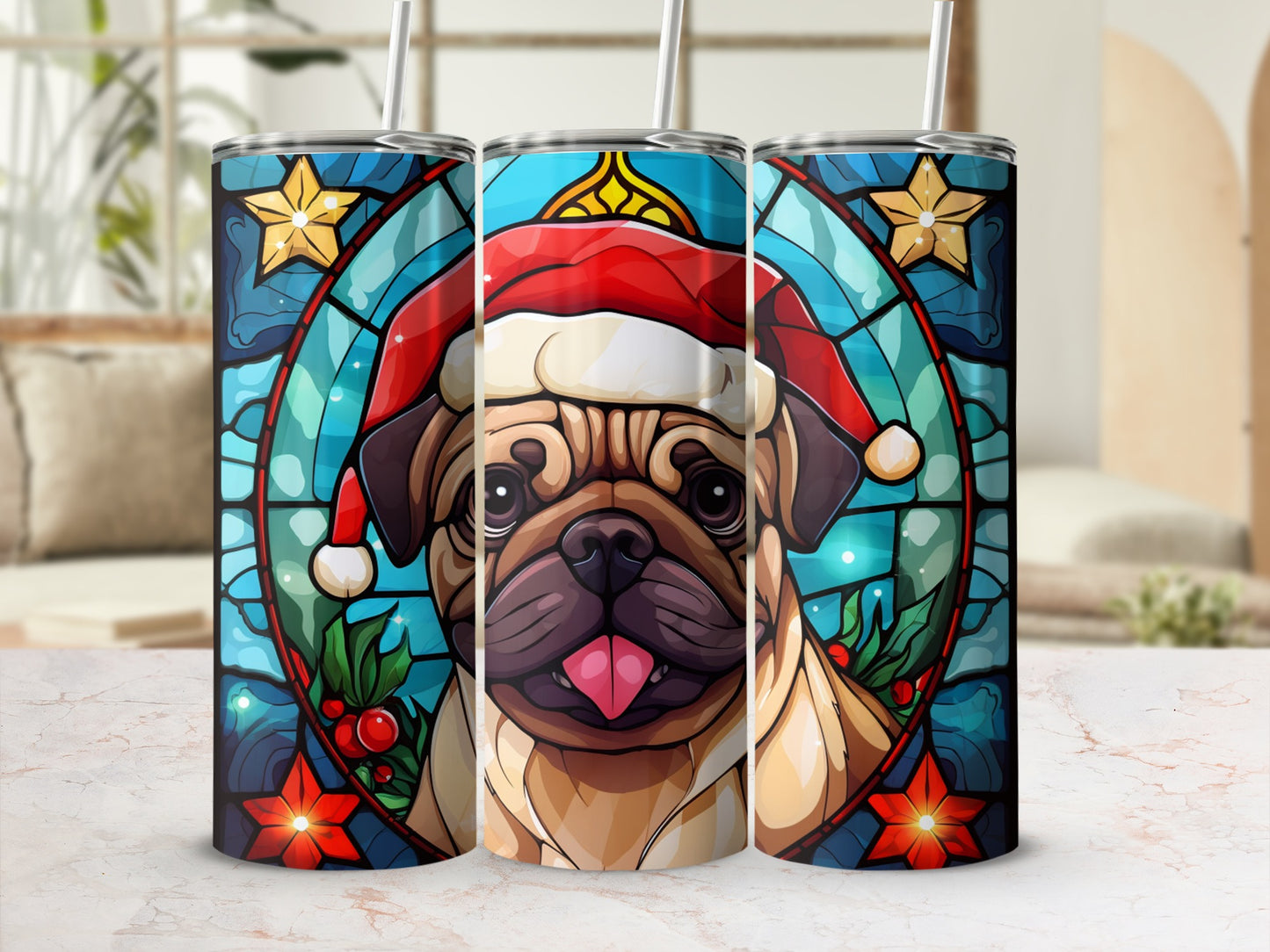 Triptych of stained-glass-style pug wearing a Santa hat, holiday motif.
