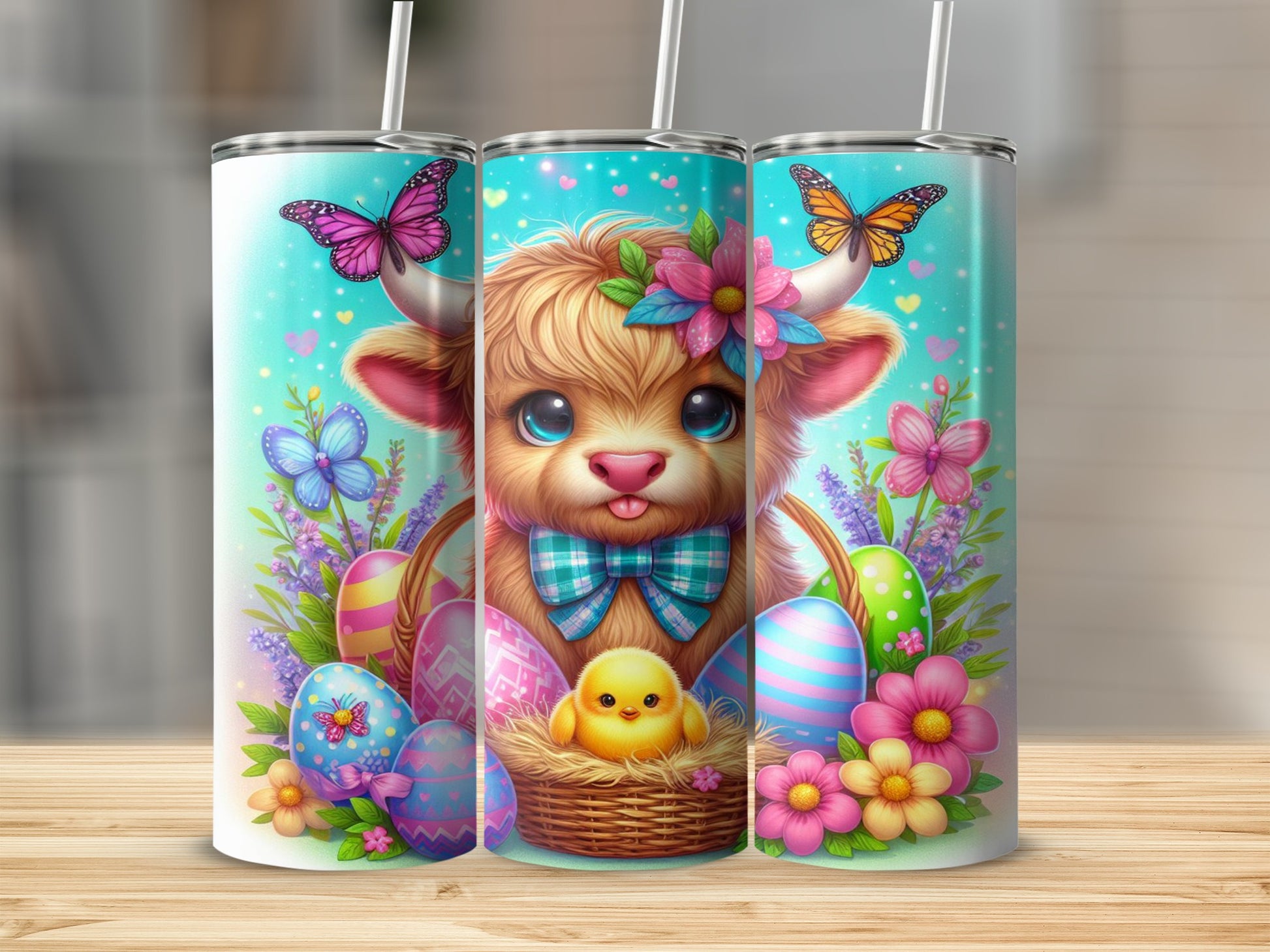 Cute cow with Easter eggs, flowers, and a chick in a basket.