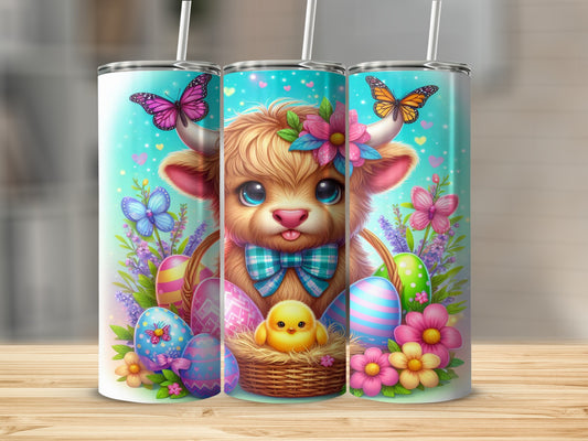 Cute cow with Easter eggs, flowers, and a chick in a basket.