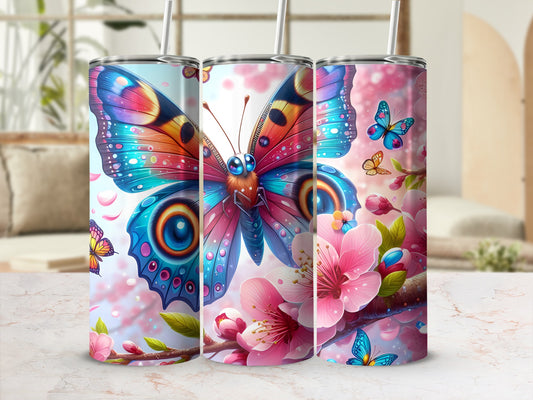 Colorful butterfly and cherry blossoms on three tumblers.