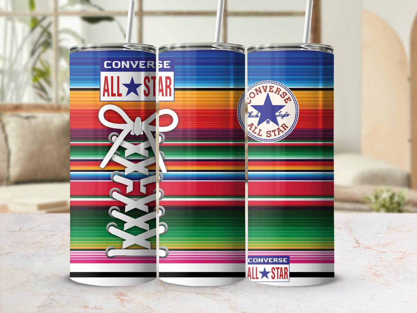 Converse All Star tumbler with colorful striped pattern and white laces.