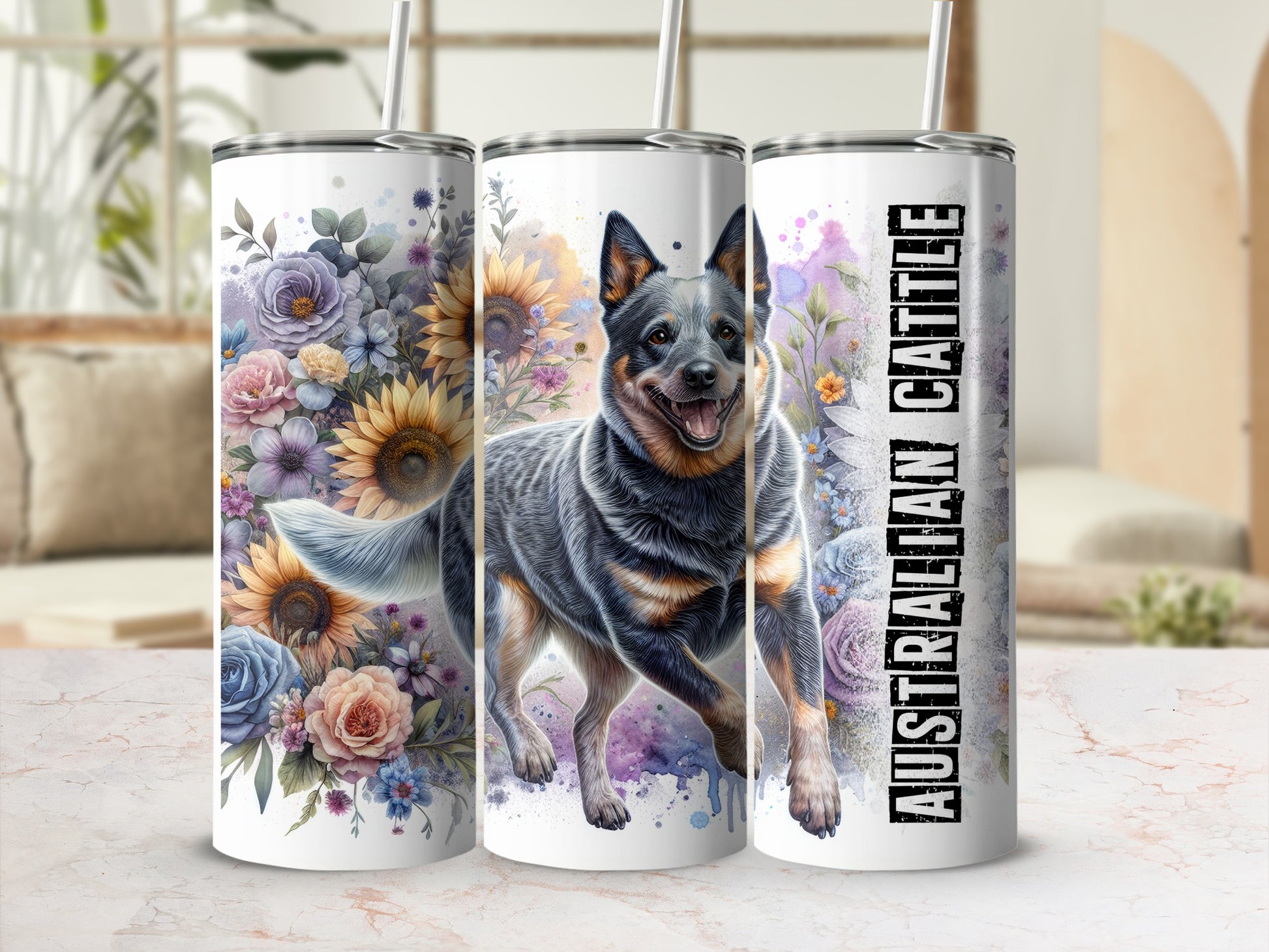 Australian Cattle Dog with sunflowers and roses on a tumbler.