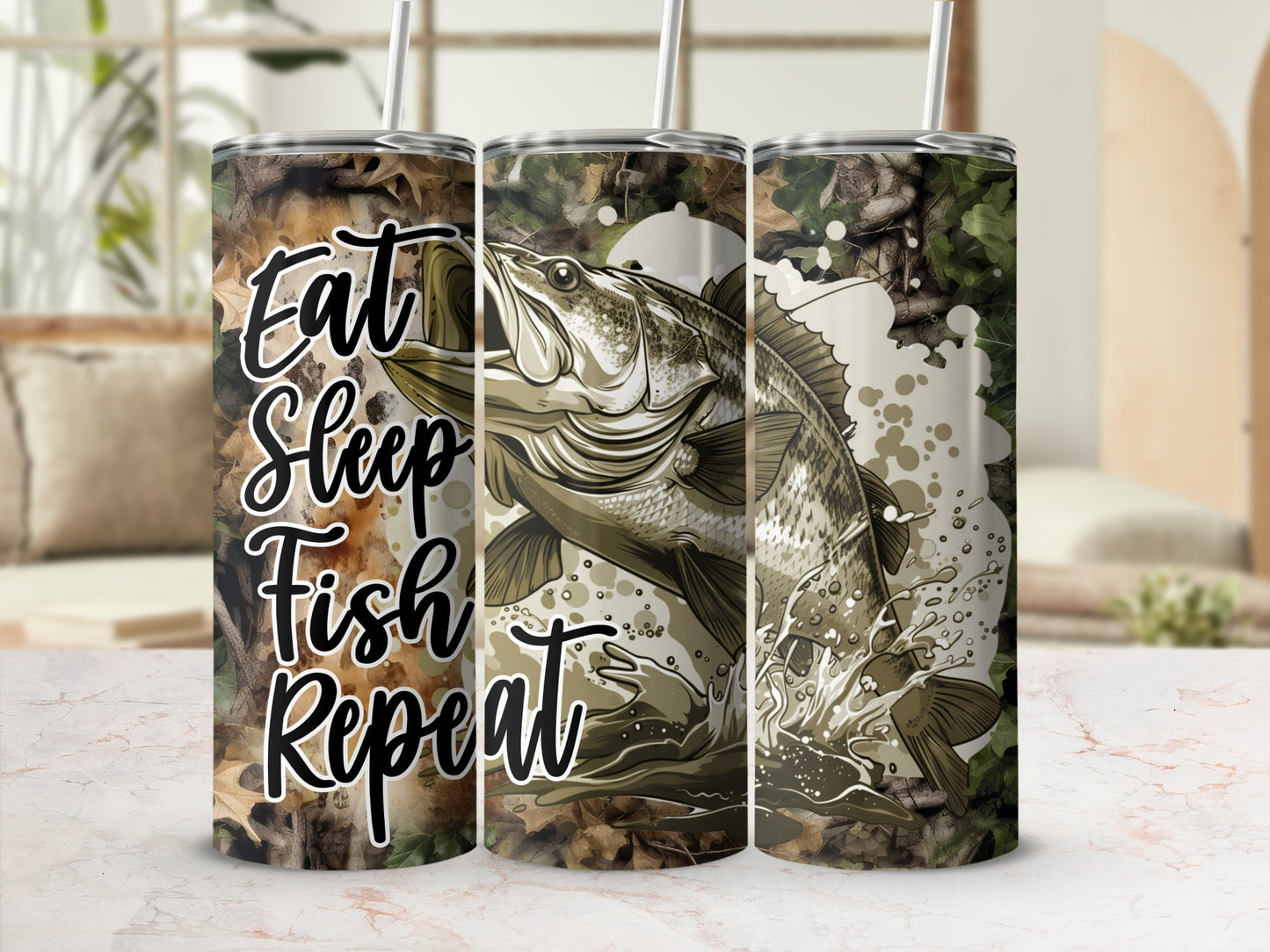 Camouflage tumbler with "Eat Sleep Fish Repeat" text and jumping fish design.
