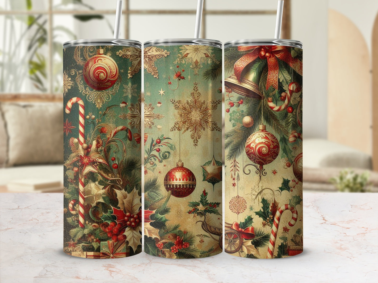 Three Christmas-themed tumblers with candy canes, holly, and bells.