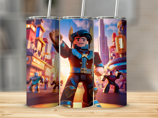 Roblox character with wings and gold accents on a city street.