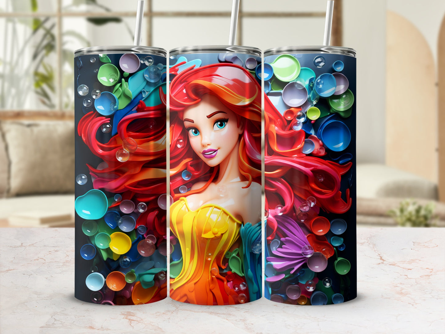 Colorful Mermaid Art Tumbler with Vibrant Bubbles Design