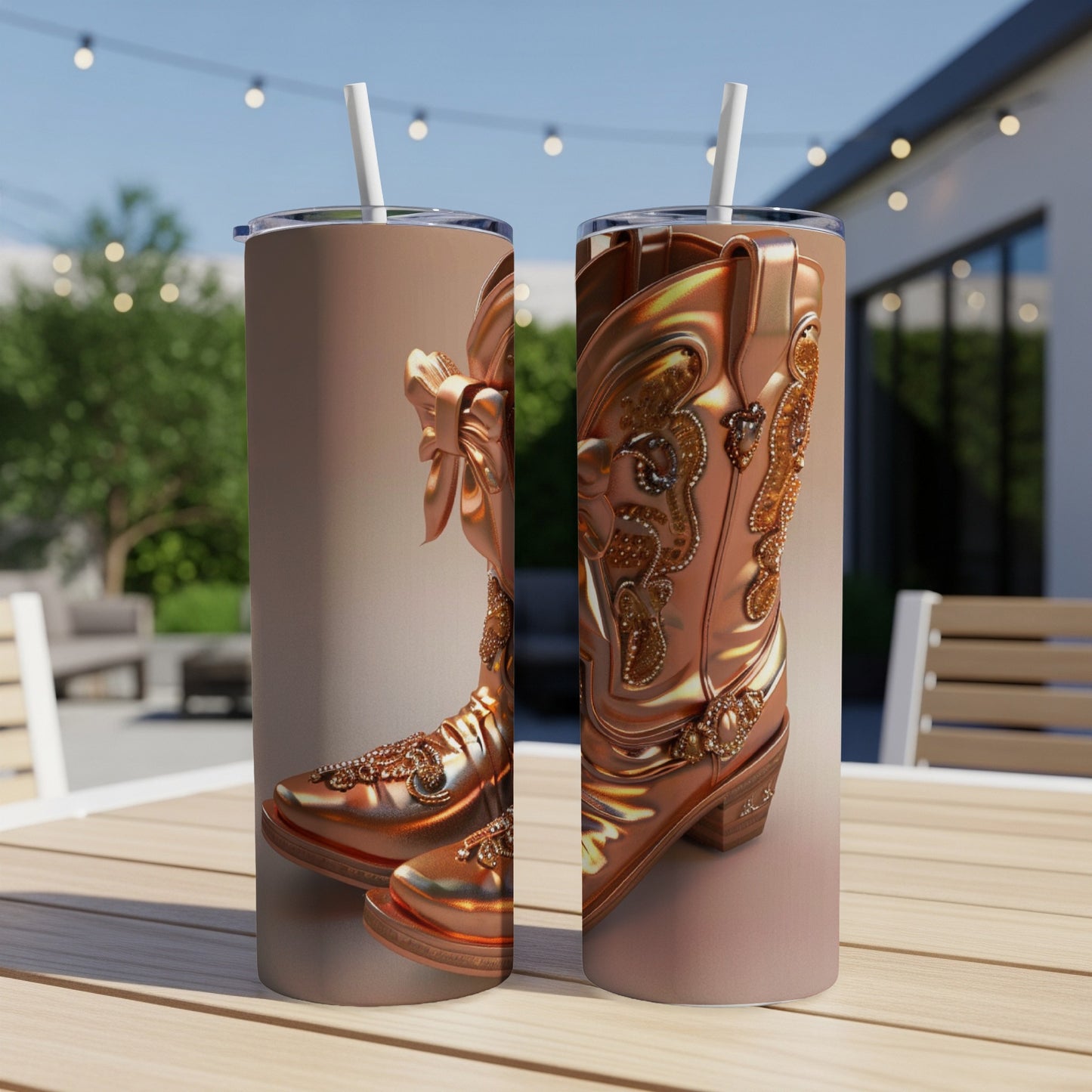 Two rose gold cowboy boots with ornate embellishments and bows.