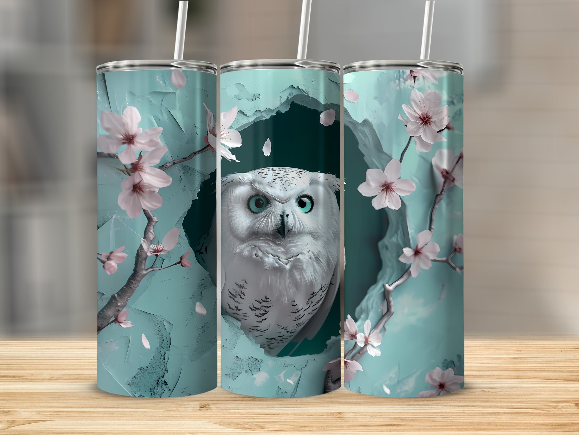 White owl with blue eyes and pink blossoms on teal background tumbler.