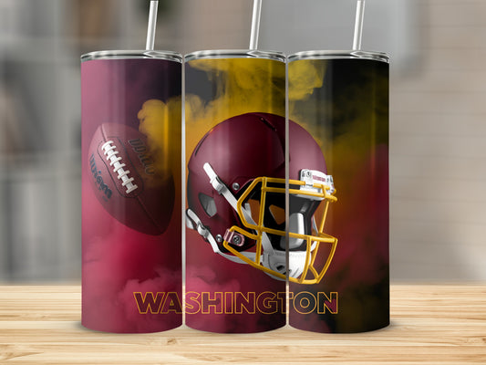Washington Commanders football helmet and ball with red and yellow smoke.