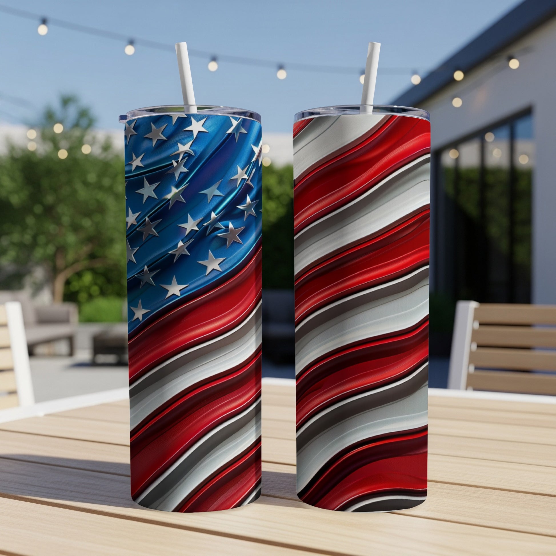 Two tumblers with American flag and wavy red, white, and blue stripes.