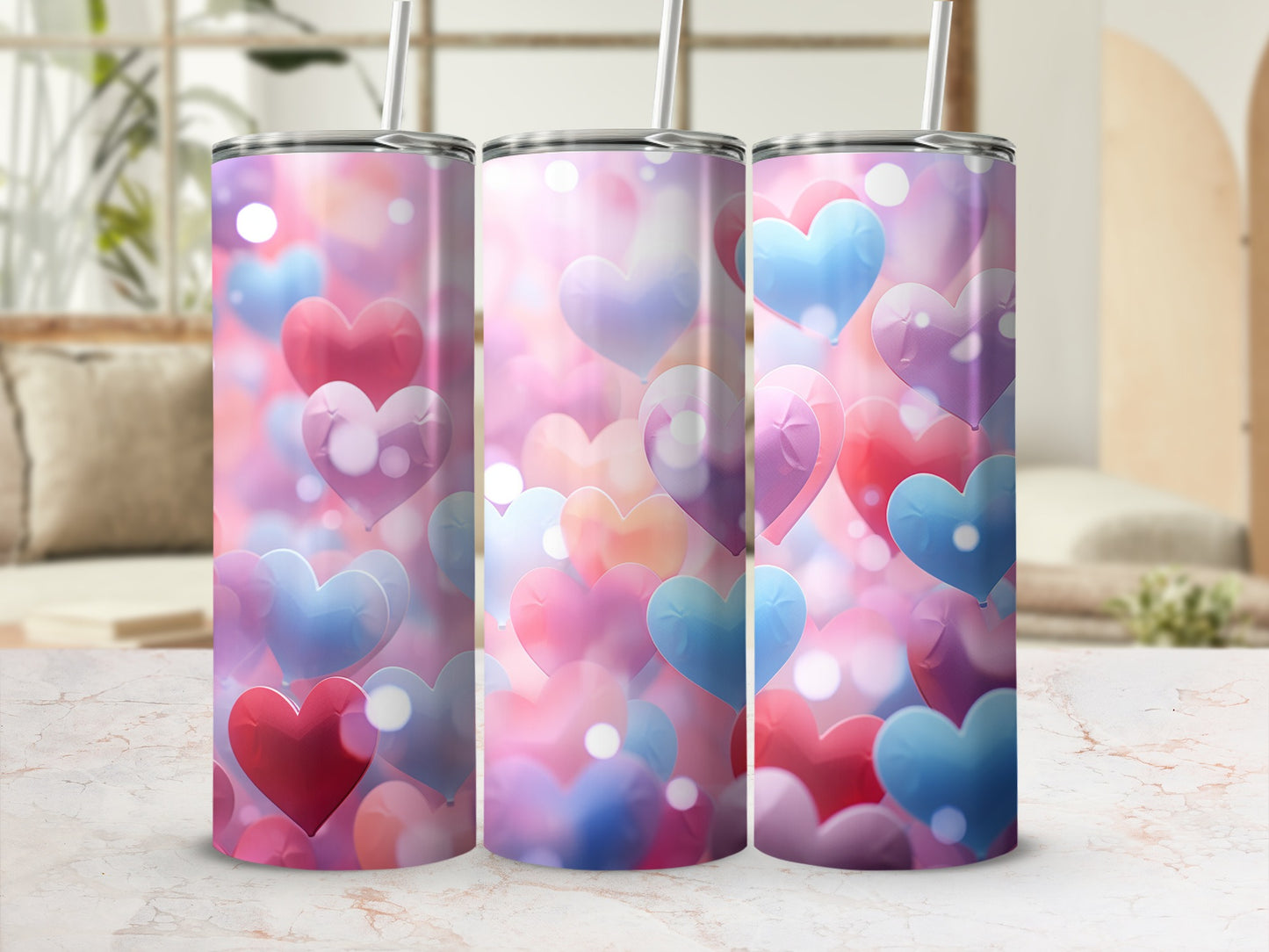 Colorful Heart Pattern Tumbler With Straw Cup