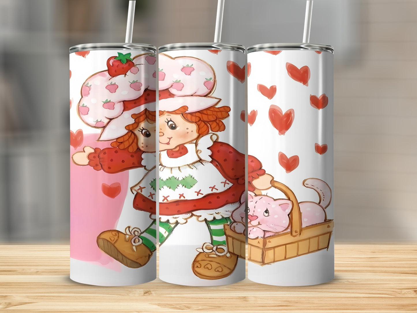Strawberry Shortcake character with hearts and a basket of kittens.