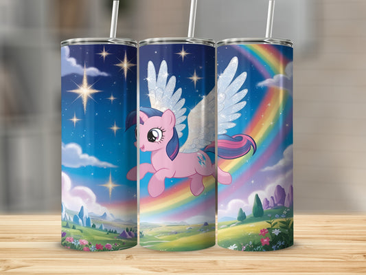 Pink Pegasus unicorn with rainbow and starry sky on a tumbler.