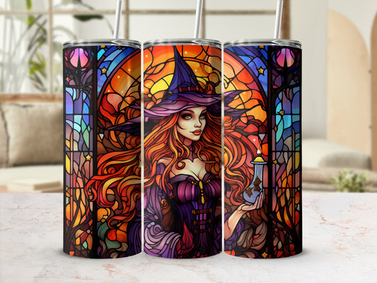 Stained glass tumbler with witch and potion bottle.