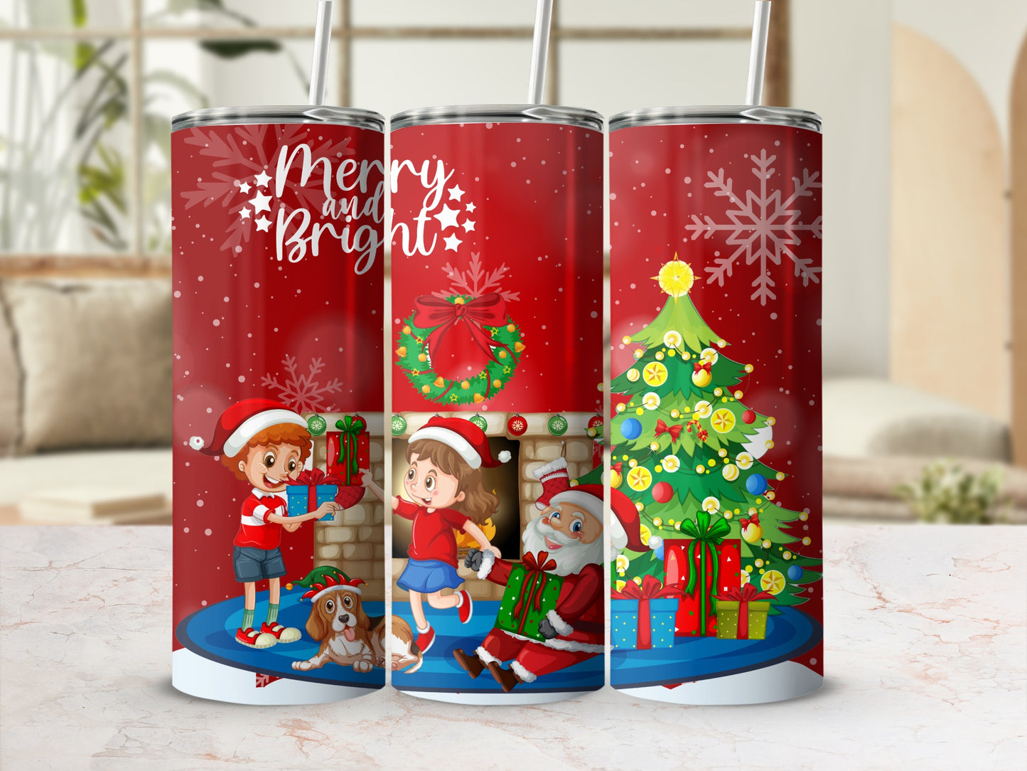 Merry and Bright Christmas Themed Tumbler Cup