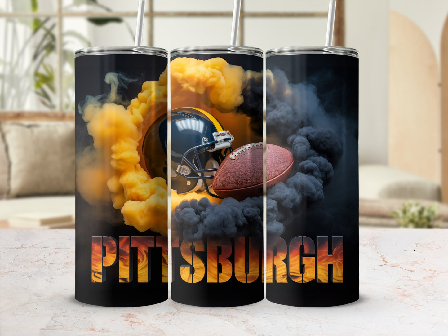 Tumbler with Pittsburgh Steelers helmet, football, and smoke design.