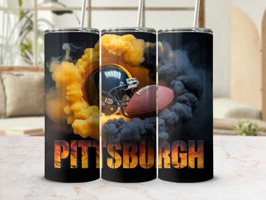 Tumbler with Pittsburgh Steelers helmet, football, and smoke design.