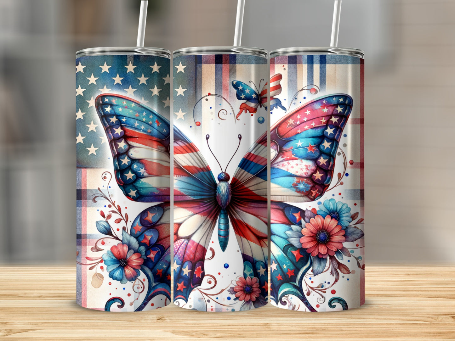 Patriotic butterfly with stars and stripes on a plaid background.
