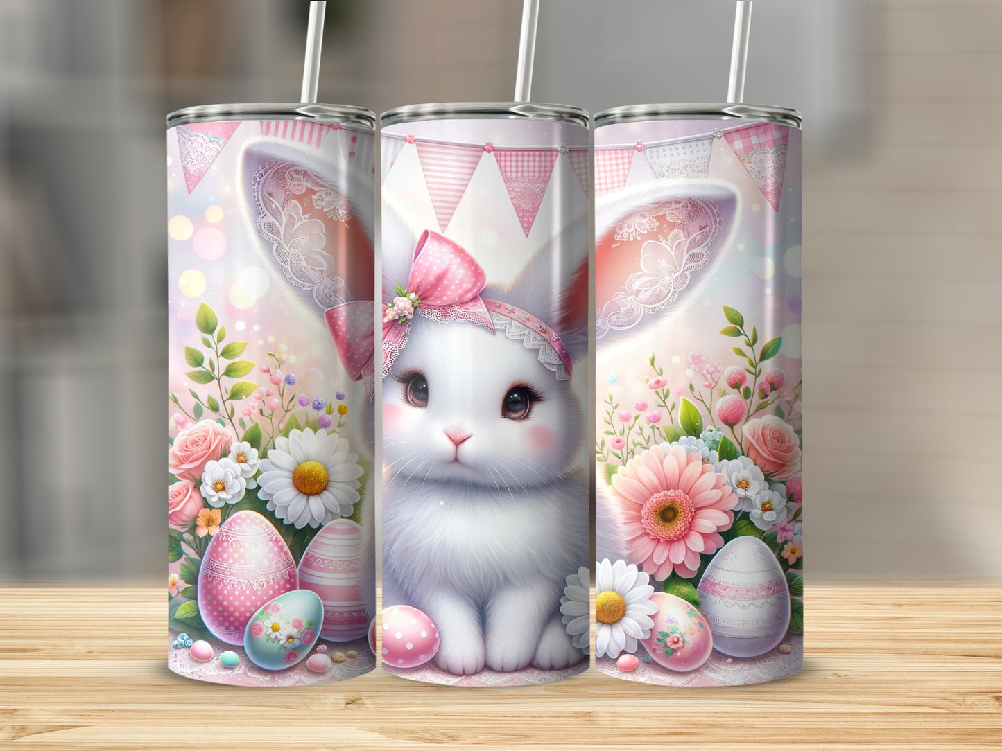 Easter bunny with flowers and eggs on a tumbler.