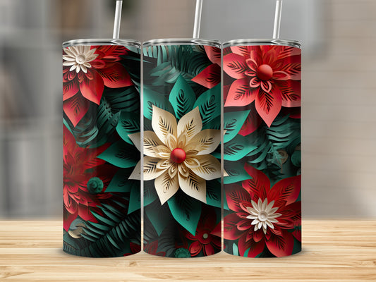 Three tumblers with red, white, and teal floral designs on a wooden surface.