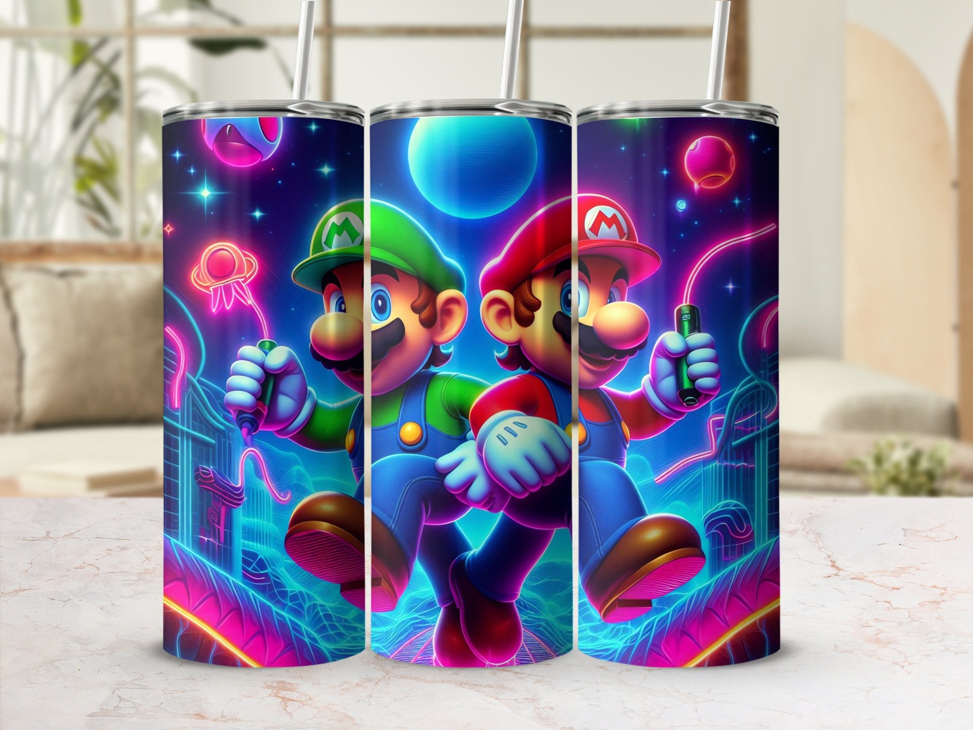 Neon Mario and Luigi Gaming Graphic Tumbler Product