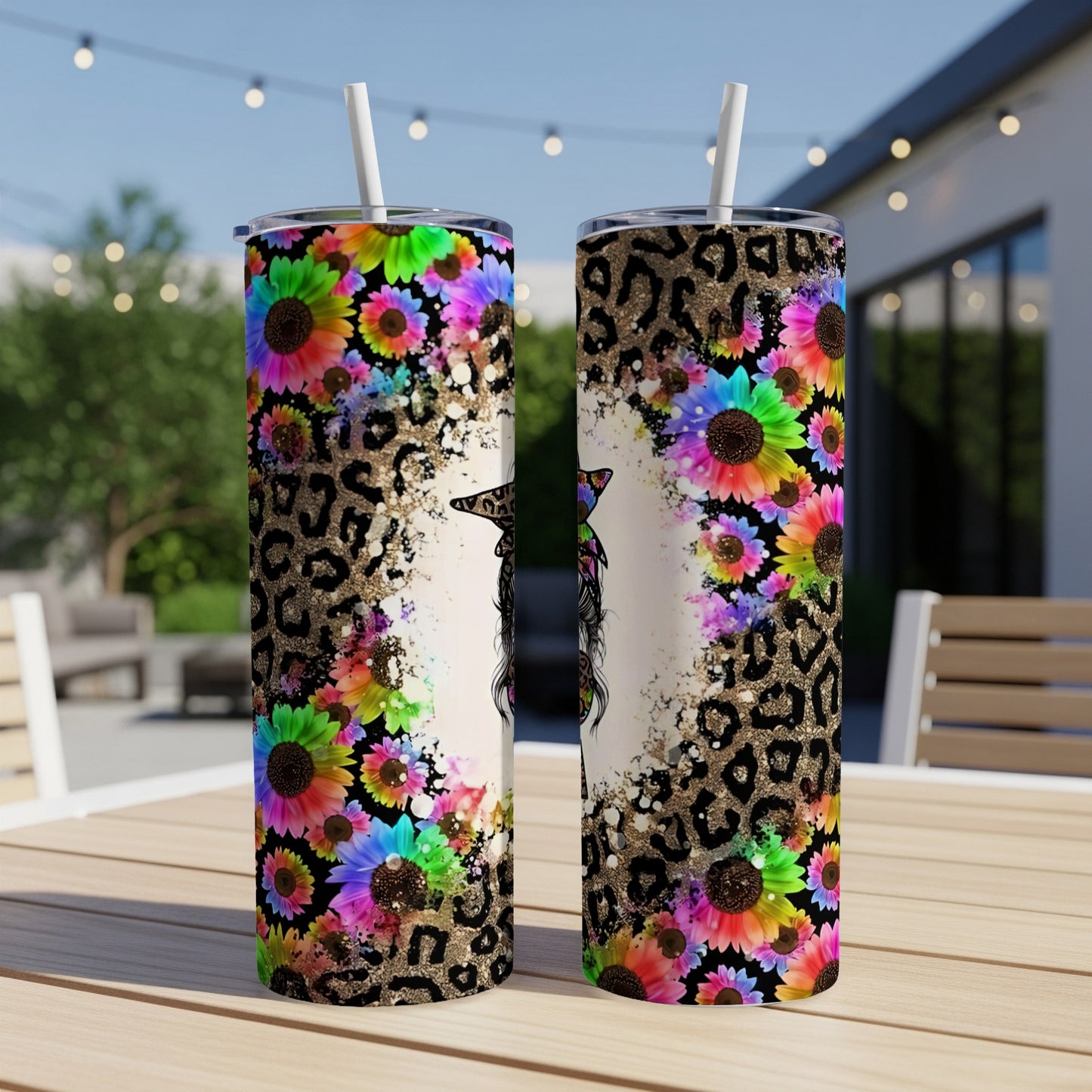 Two tumblers with floral and leopard print designs and a distressed white center.