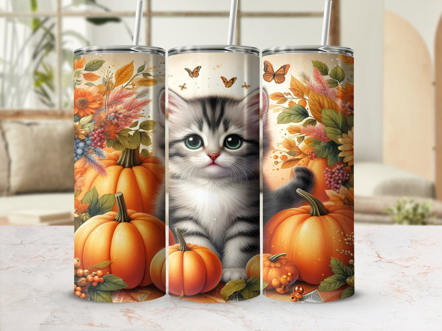 Kitten with pumpkins and butterflies, autumn floral border.