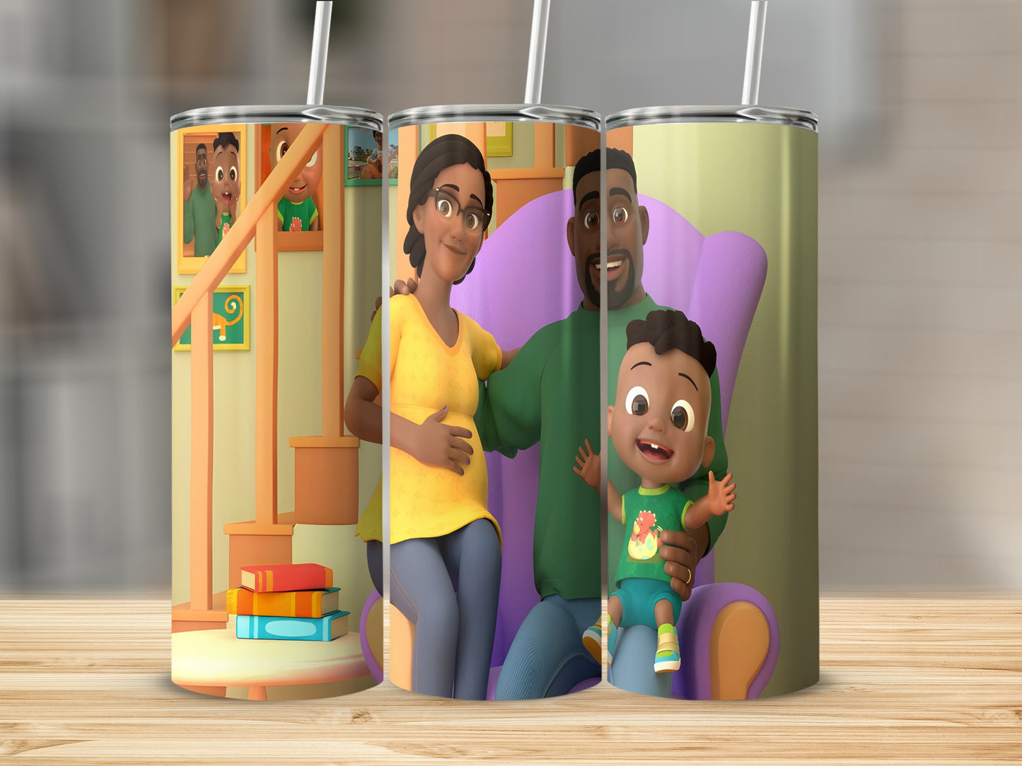 Animated family with pregnant mother and young child on a patterned tumbler.