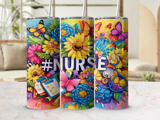Colorful tumbler with "Nurse" text, butterflies, flowers, and a stethoscope.