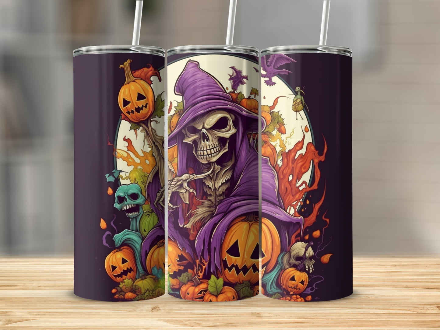 Halloween tumbler with grim reaper, pumpkins, and spooky creatures.