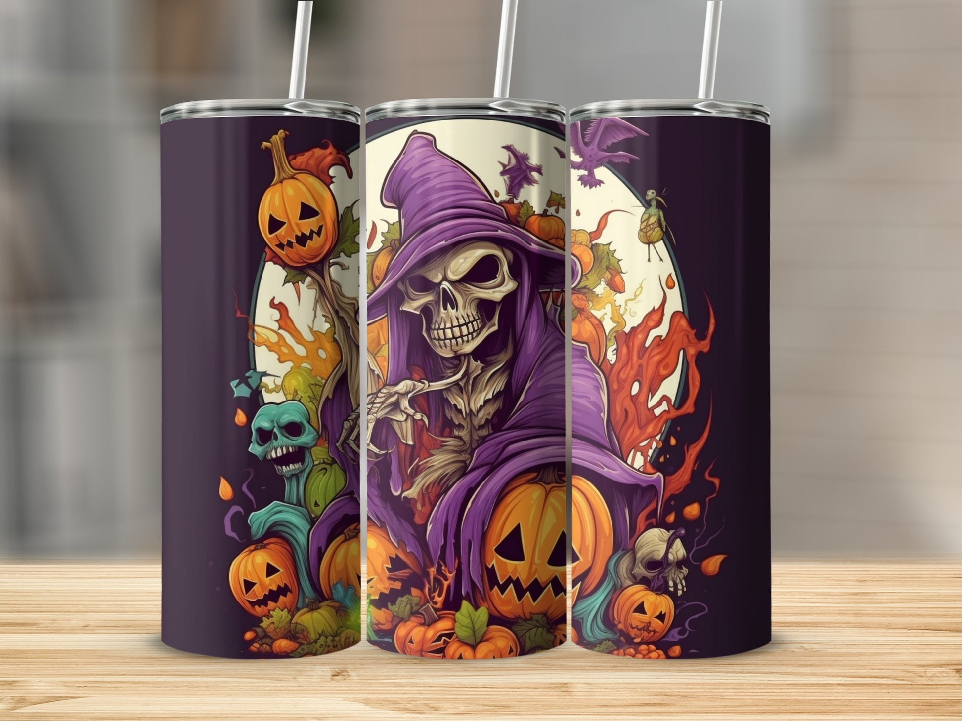 Halloween tumbler with grim reaper, pumpkins, and spooky creatures.