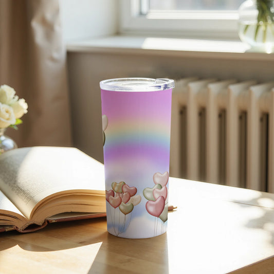 Pastel Rainbow Colors Tumbler with Heart Balloons Design