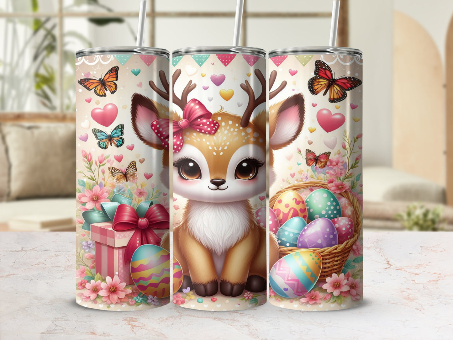 Cute cartoon deer with Easter eggs and butterflies on a tumbler.