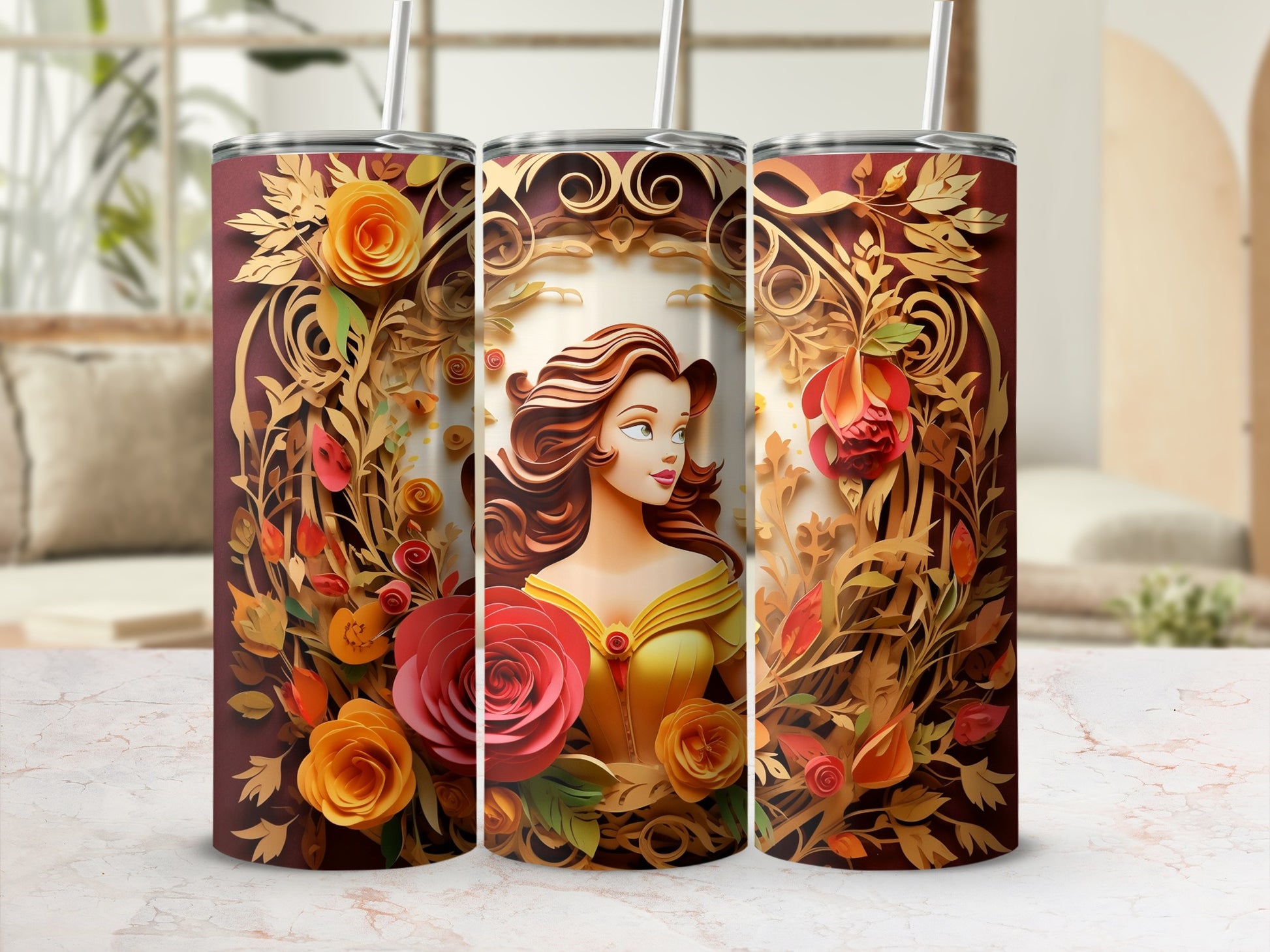 Elegant Floral and Princess Themed Tumbler Design