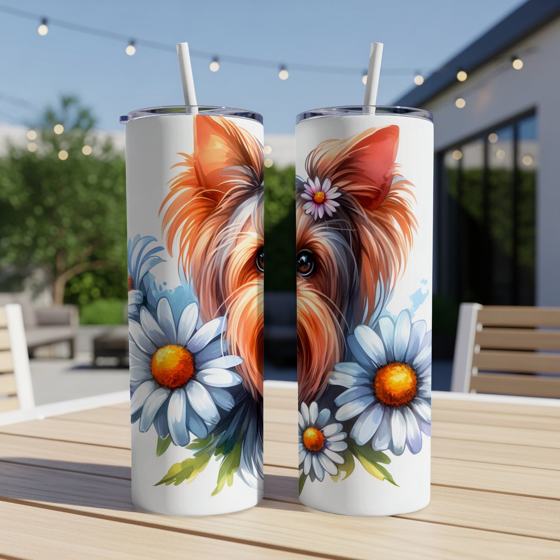 Yorkshire Terrier with daisies on a white tumbler