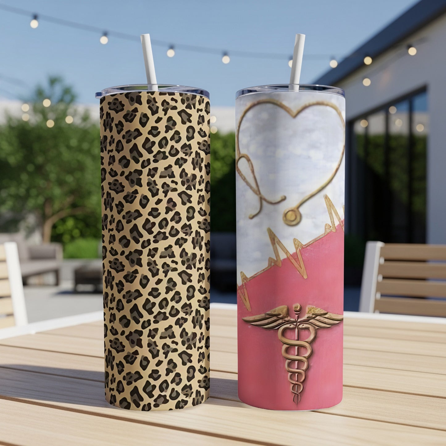 Two tumblers with leopard print and medical stethoscope designs.