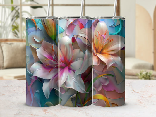Three tumblers with vibrant floral designs featuring lilies and abstract shapes.