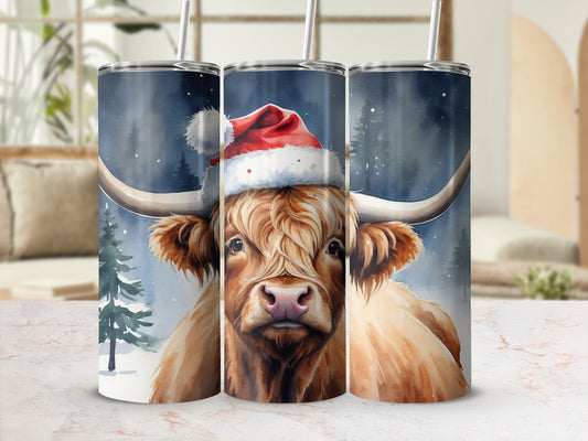 Highland cow wearing Santa hat with snowy forest background.