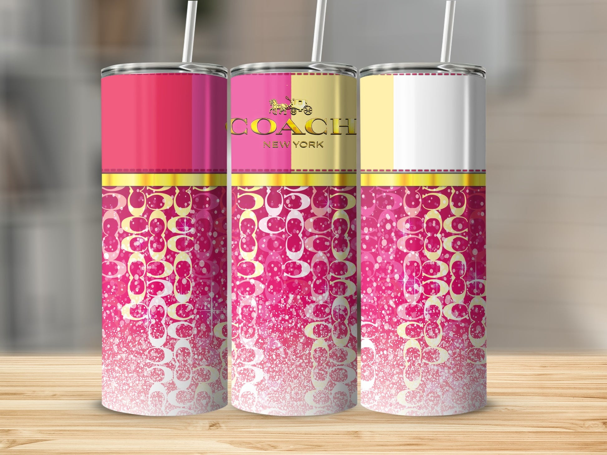 Three tumblers with Coach logo pattern and ombre pink and white gradient.