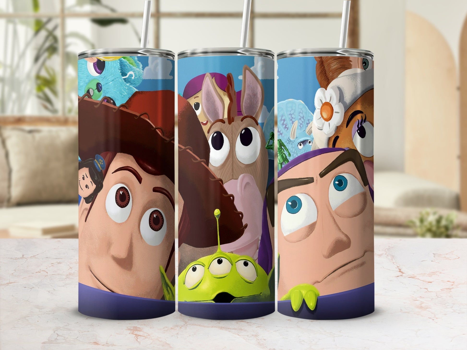 Toy Story characters Woody, Buzz, Alien, and Bullseye on a tumbler.