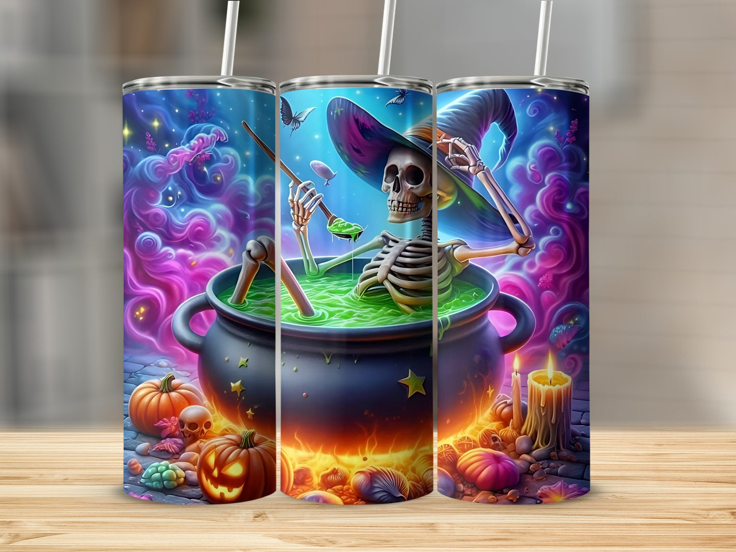 Skeleton stirring a cauldron of green potion, surrounded by pumpkins and candles.