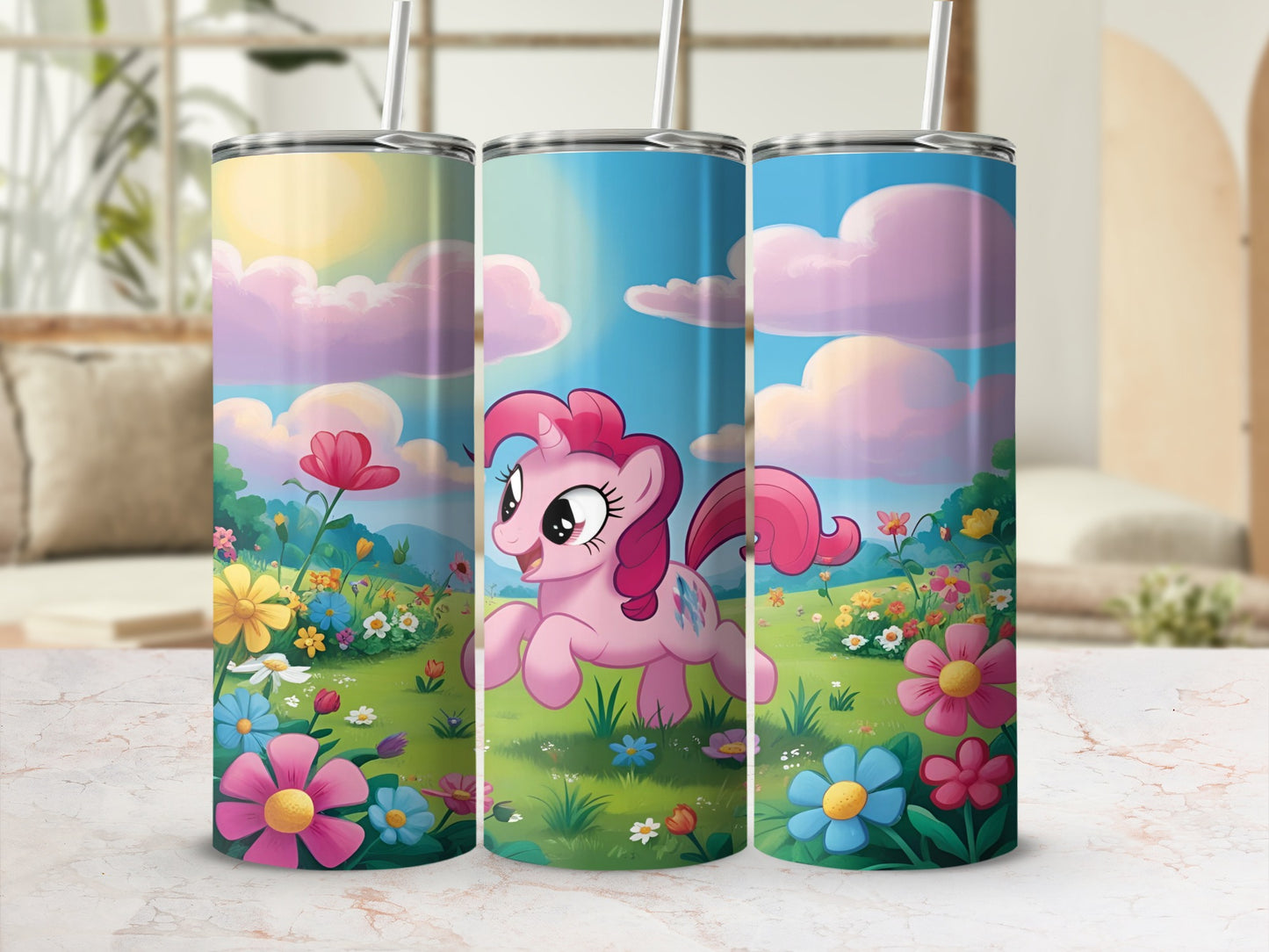 My Little Pony Pinkie Pie character on a floral meadow tumbler.