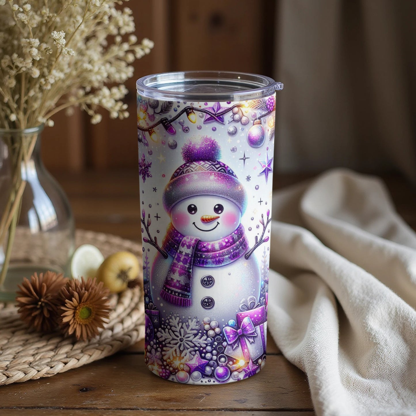 Festive Snowman with Purple Accents Drinkware Tumbler