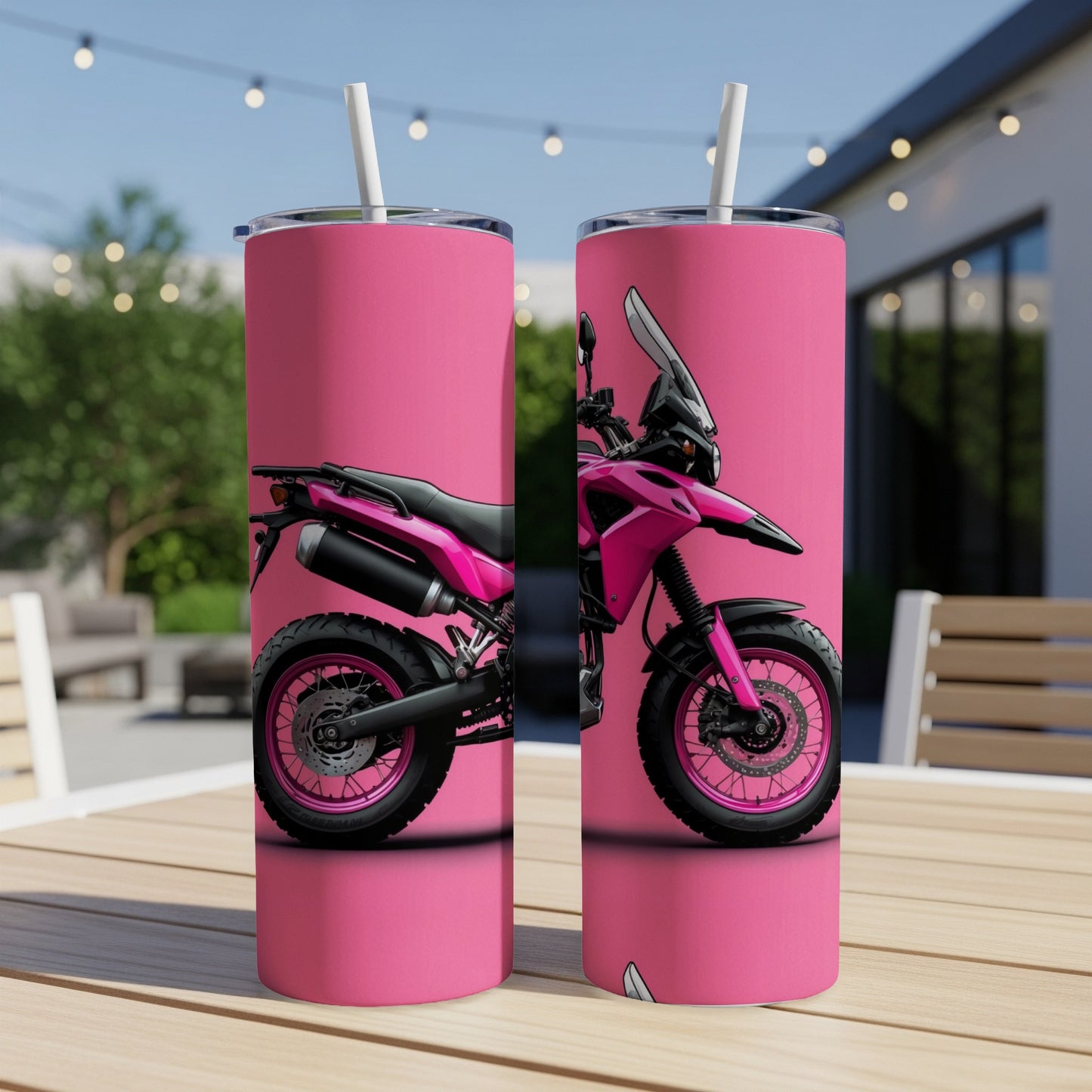 Pink adventure motorcycle on a pink tumbler design.