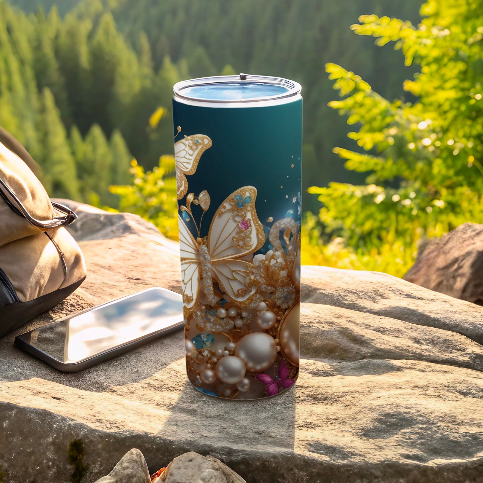 Elegant Butterfly and Pearl Design Travel Tumbler