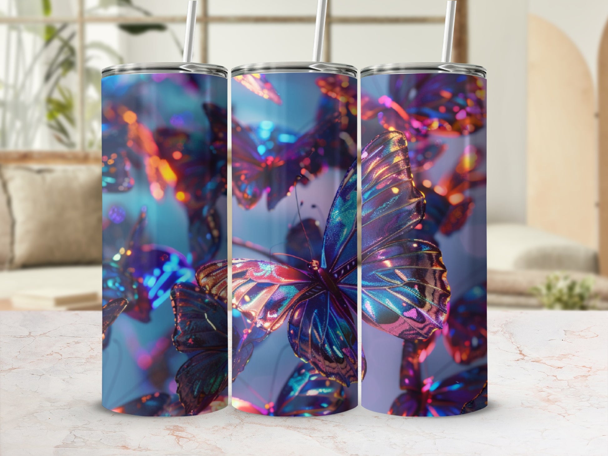 Three iridescent butterflies on a tumbler with a blurred background.