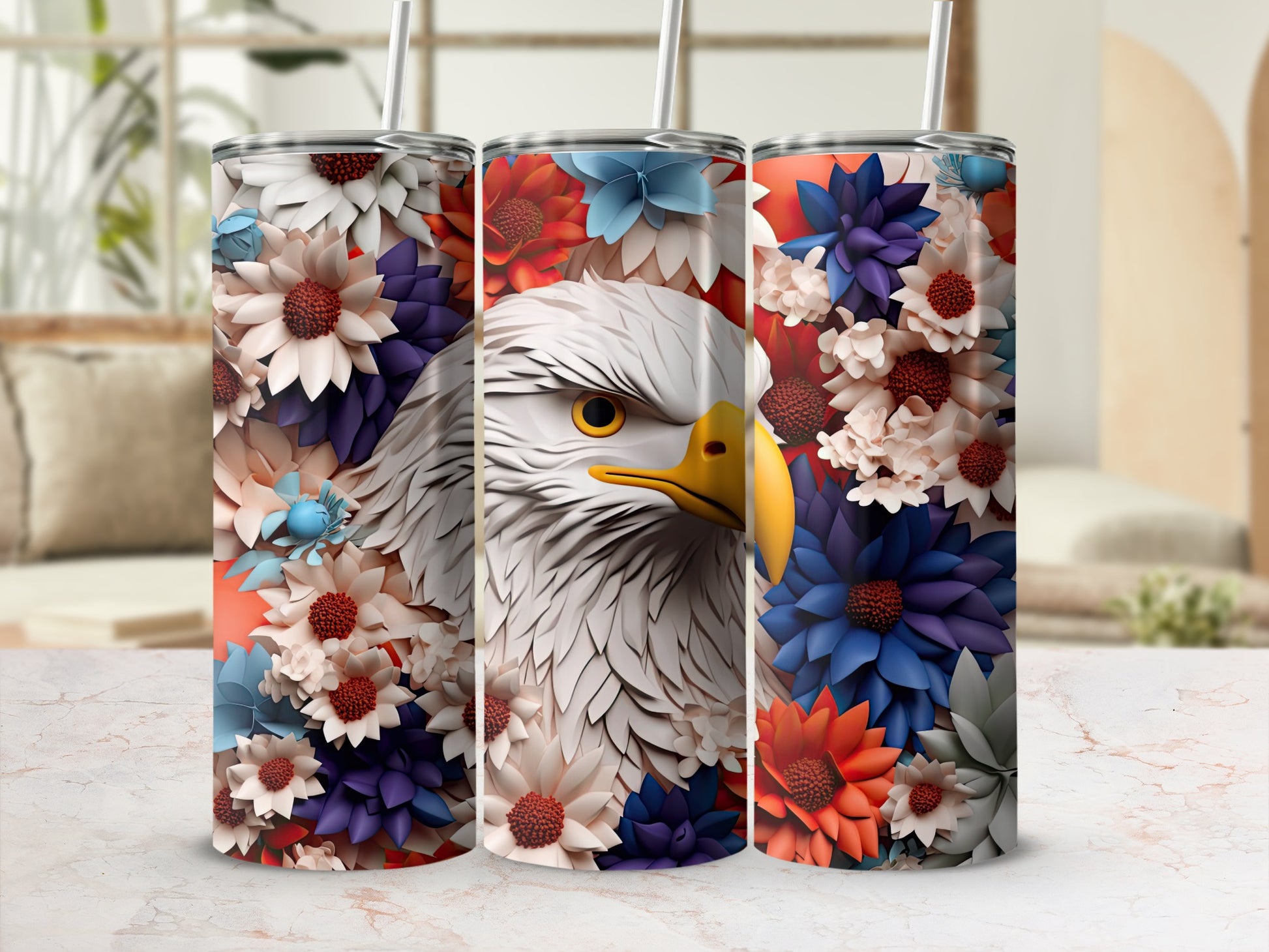 Eagle portrait on a floral patterned tumbler with straw.